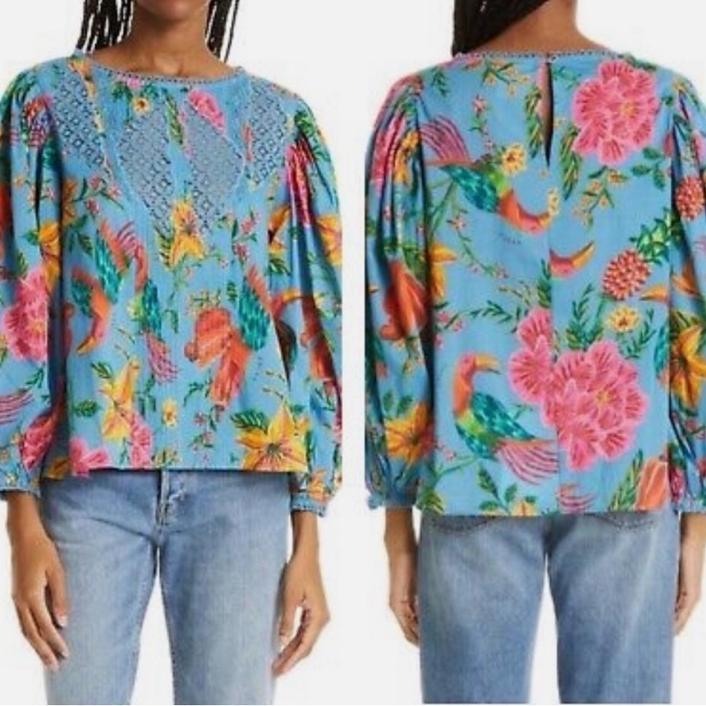 EUC FARM Rio Floral Lace Inset Lightweight Toucan Blouse in Blue Multi Size M
